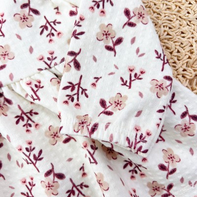 Vestido Manga Longa Floral com Faixinha de Cabelo - Areia e Bordo